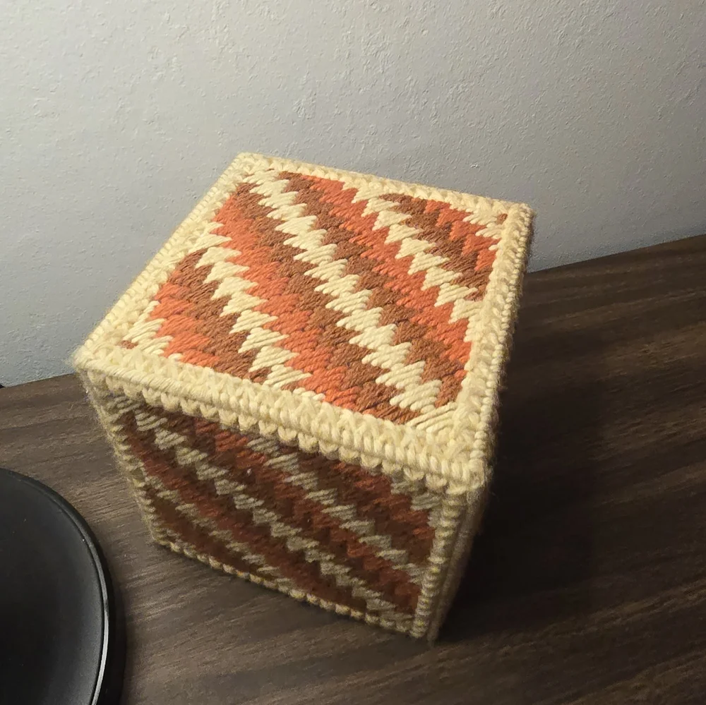 Handcrafted Crosstitch Vintage Tissue Box Holder - Orange and Cream